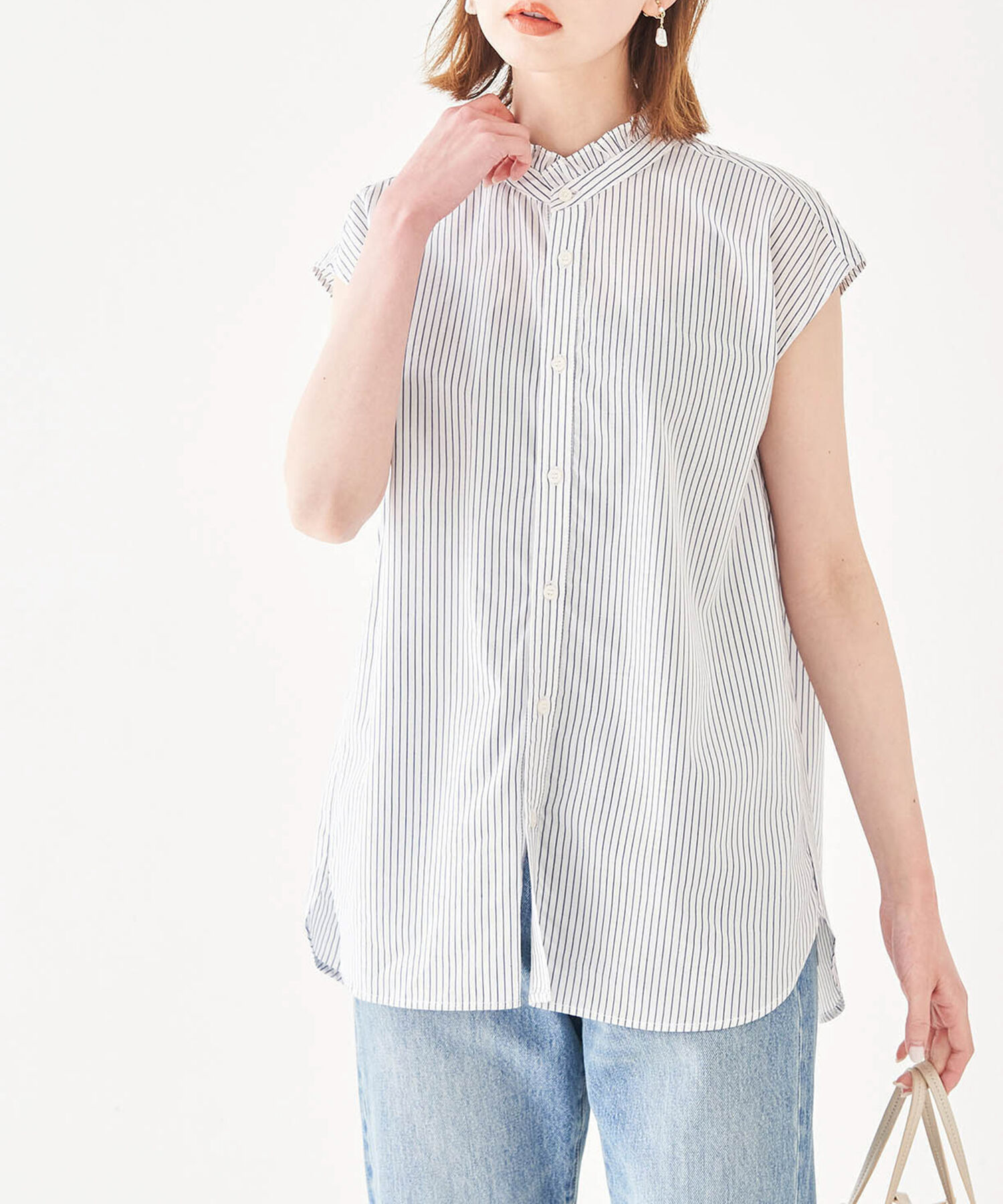 Rope&rsquo;Picnic「フリルバンドカラーフレンチスリーブシャツ　ストライプシャツ」|シャツ・ブラウス|