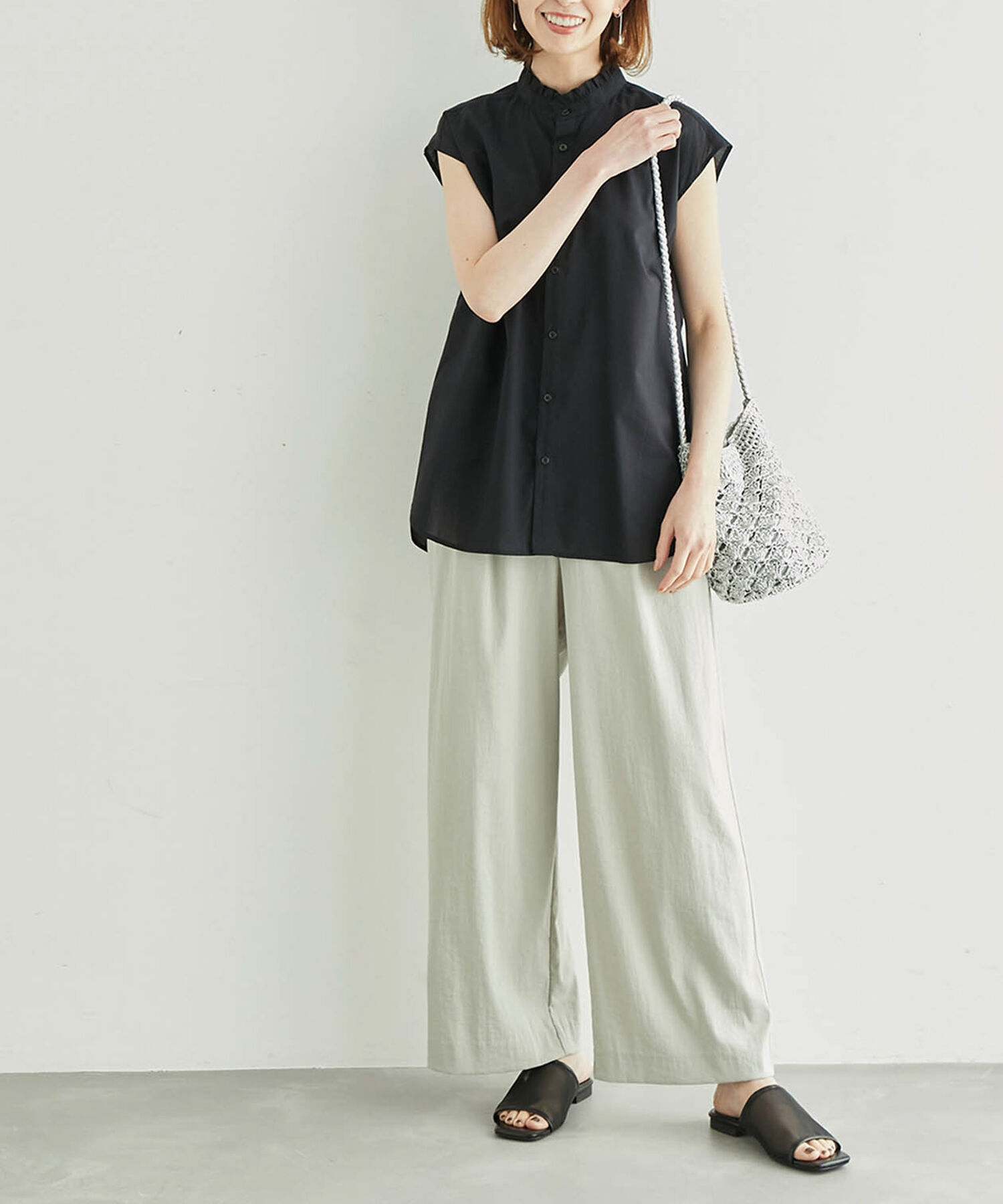 Rope&rsquo;Picnic「フリルバンドカラーフレンチスリーブシャツ　ストライプシャツ」|シャツ・ブラウス|