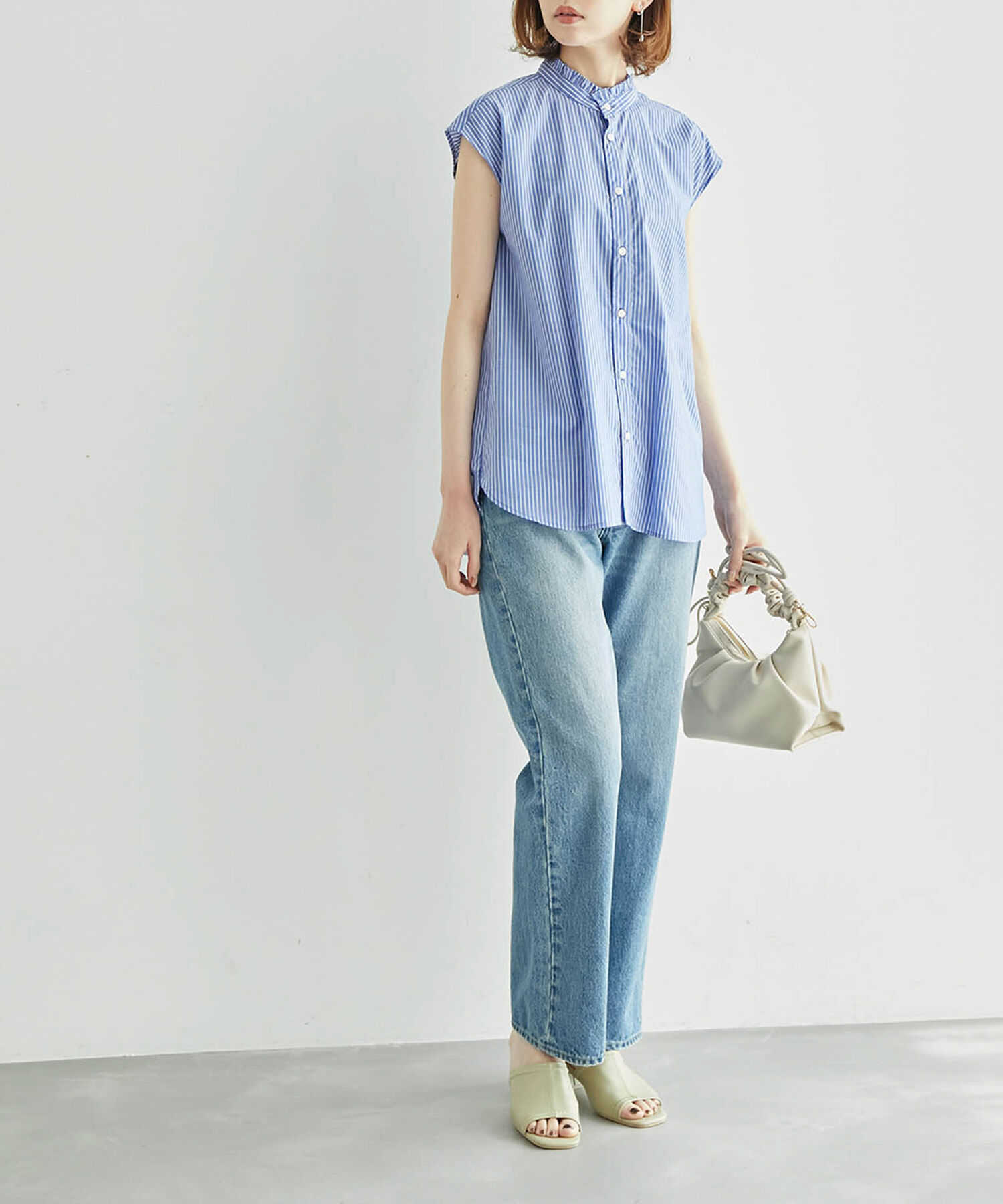 Rope&rsquo;Picnic「フリルバンドカラーフレンチスリーブシャツ　ストライプシャツ」|シャツ・ブラウス|