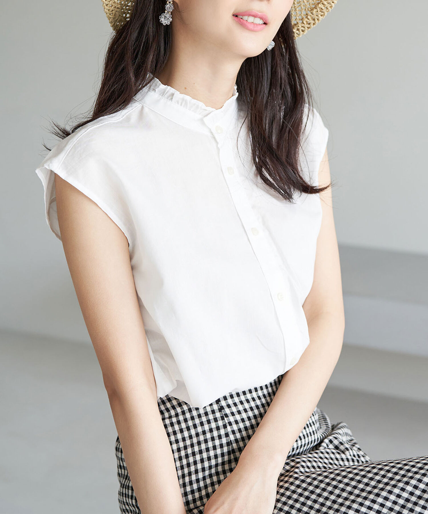 Rope&rsquo;Picnic「フリルバンドカラーフレンチスリーブシャツ　ストライプシャツ」|シャツ・ブラウス|