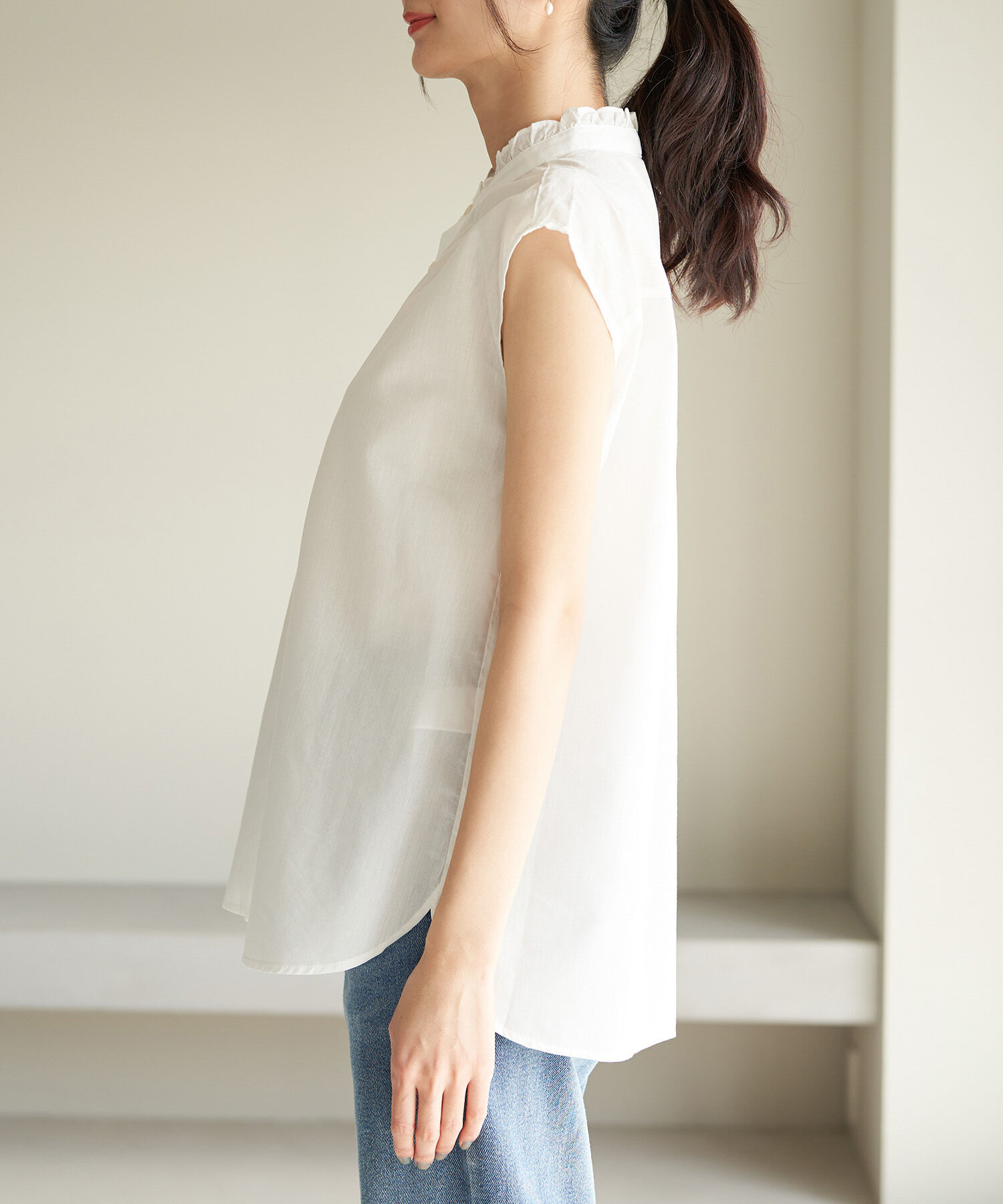 Rope&rsquo;Picnic「フリルバンドカラーフレンチスリーブシャツ　ストライプシャツ」|シャツ・ブラウス|