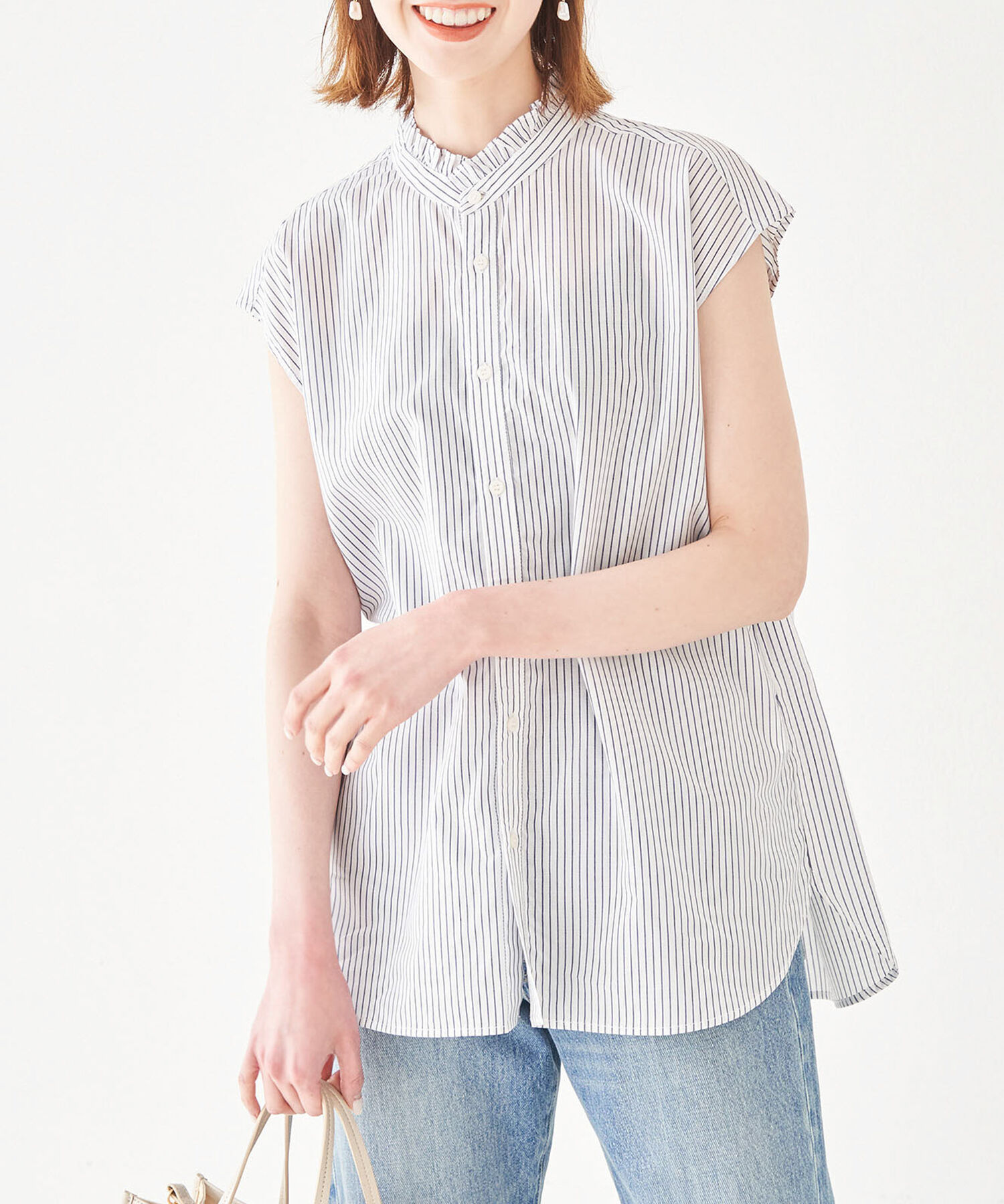 Rope&rsquo;Picnic「フリルバンドカラーフレンチスリーブシャツ　ストライプシャツ」|シャツ・ブラウス|ホワイト系(11)