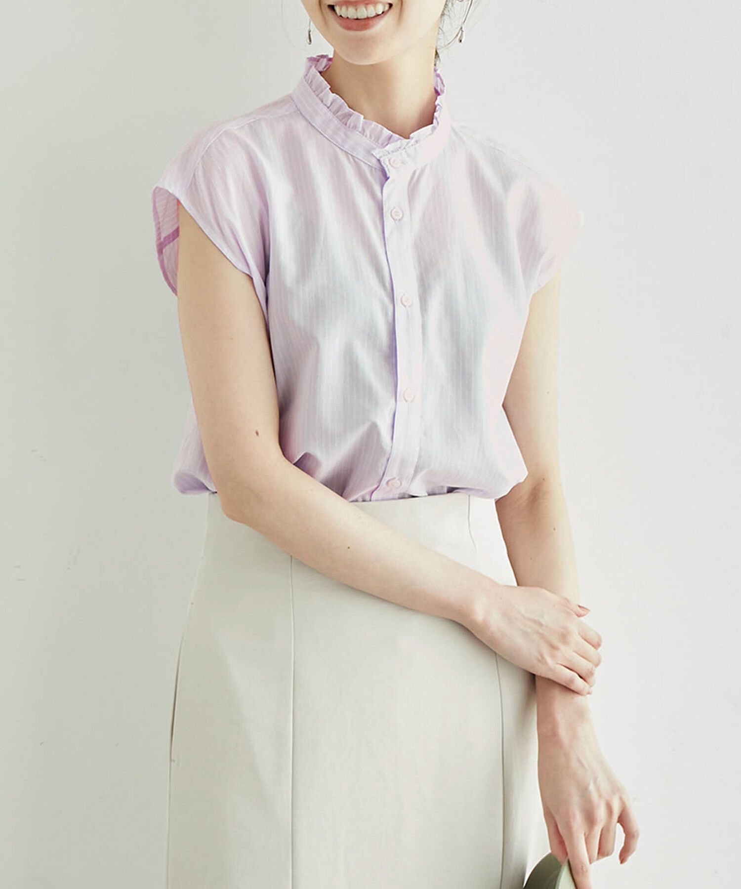 Rope&rsquo;Picnic「フリルバンドカラーフレンチスリーブシャツ　ストライプシャツ」|シャツ・ブラウス|ローズピンク(64)