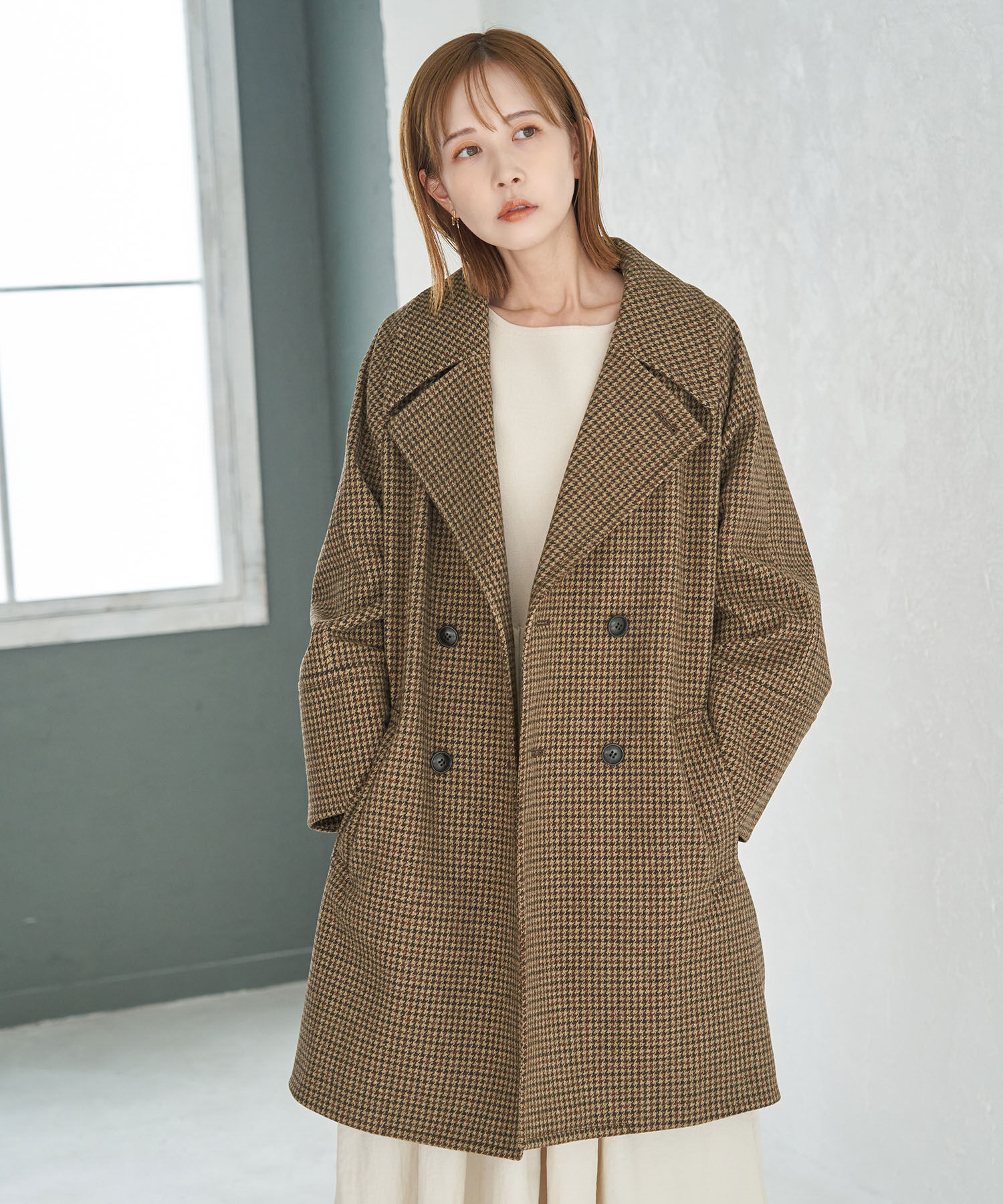Rope&rsquo;Picnic「ハウンドトゥースジャージメルトンオーバーPコート」|ピーコート|ブラウン系(23)