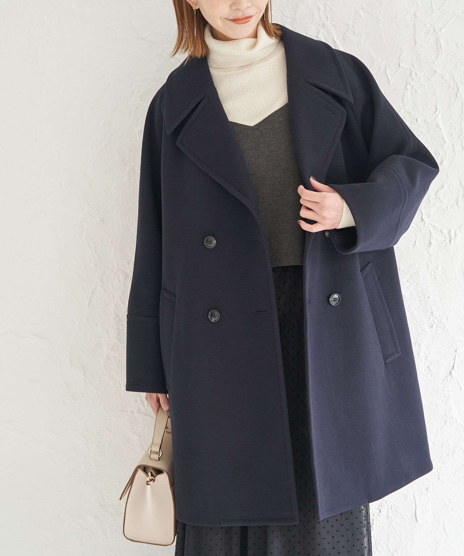 Rope&rsquo;Picnic「ハウンドトゥースジャージメルトンオーバーPコート」|ピーコート|ネイビー(40)