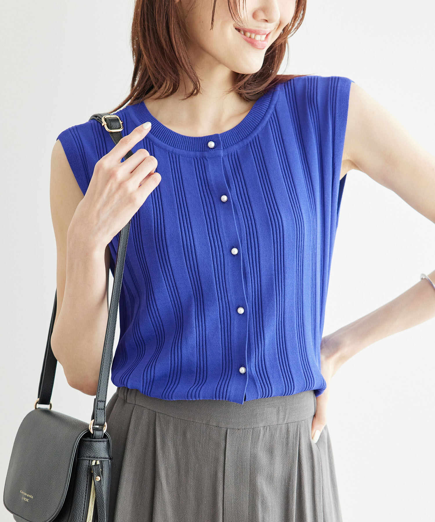 Rope&rsquo;Picnic「バックパールニットプルオーバー/2WAY・UVカット・洗濯機OK・冷感」|ニット・セーター|ブルー(44)