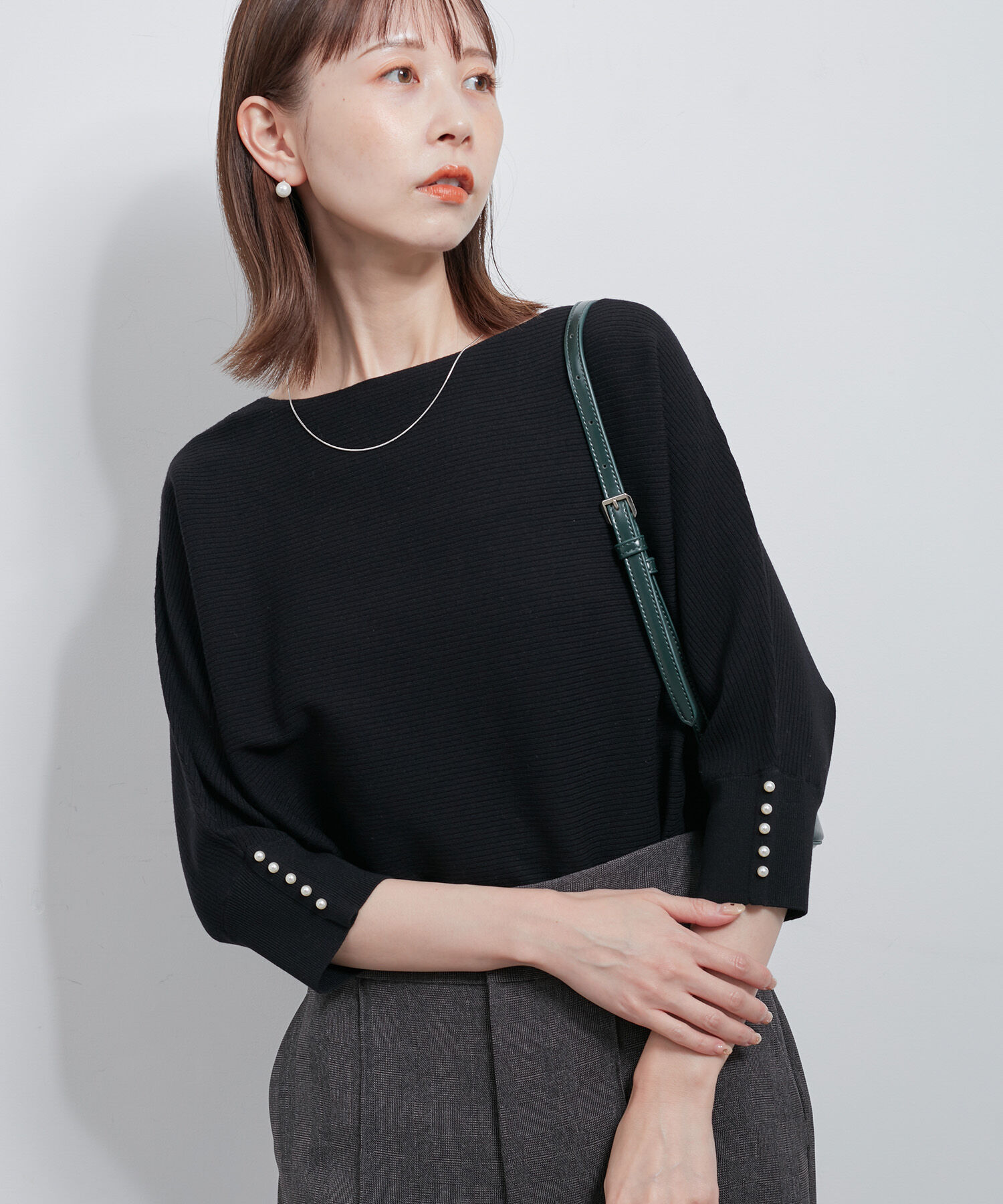 Rope&rsquo;Picnic「7分袖パールドルマンニット」|ニット・セーター|ブラック(01)