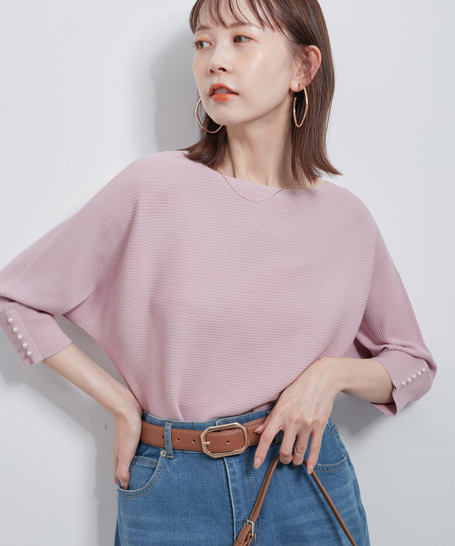 Rope&rsquo;Picnic「7分袖パールドルマンニット」|ニット・セーター|ピンク系(65)