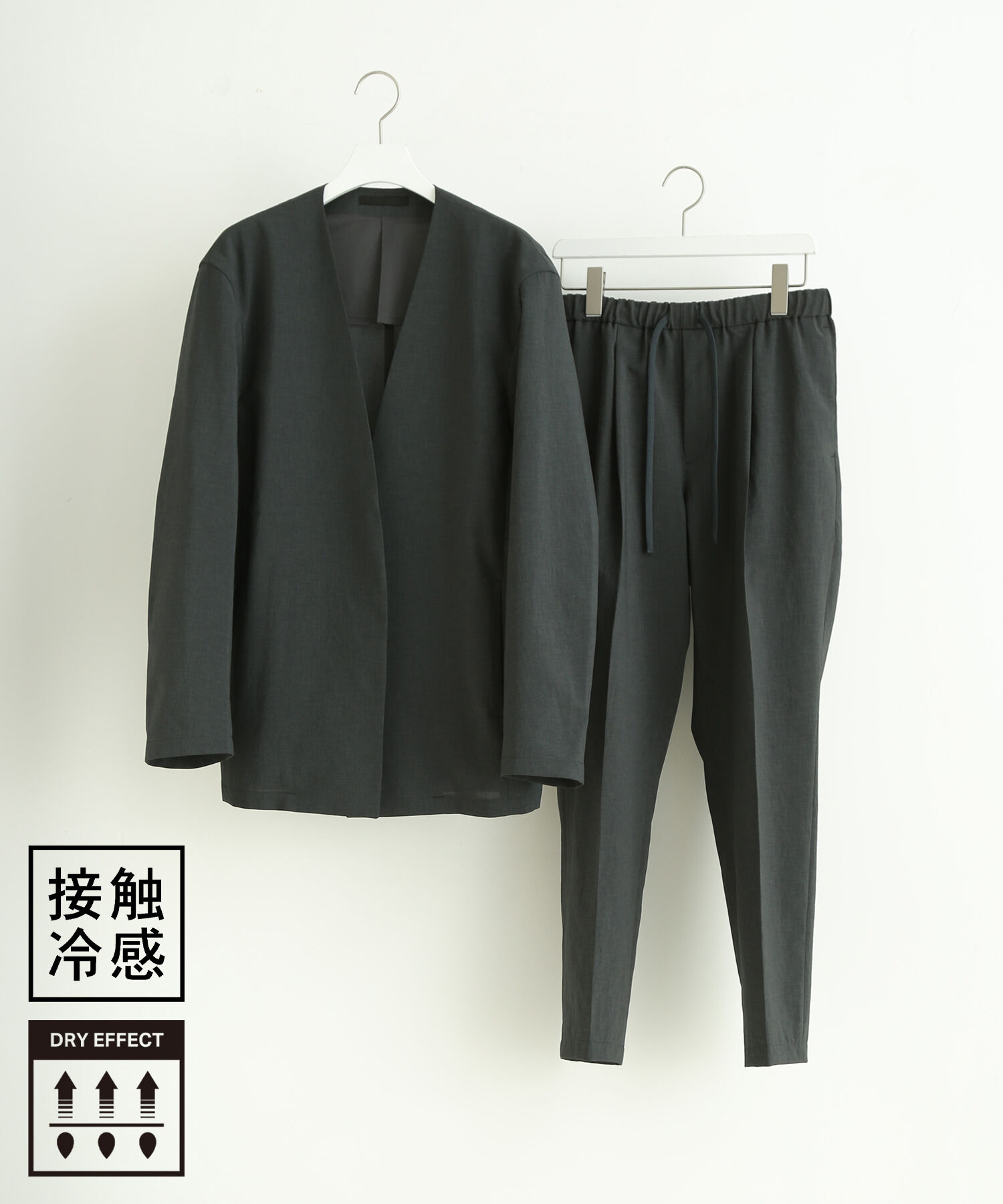 ADAM ET ROPE'「【RIRANCHA/リランチェ】ノーカラージャケット セットアップ / 速乾 / 冷感 / イージーケア / ユニセックス」|スーツ|ダークグリーン(31)