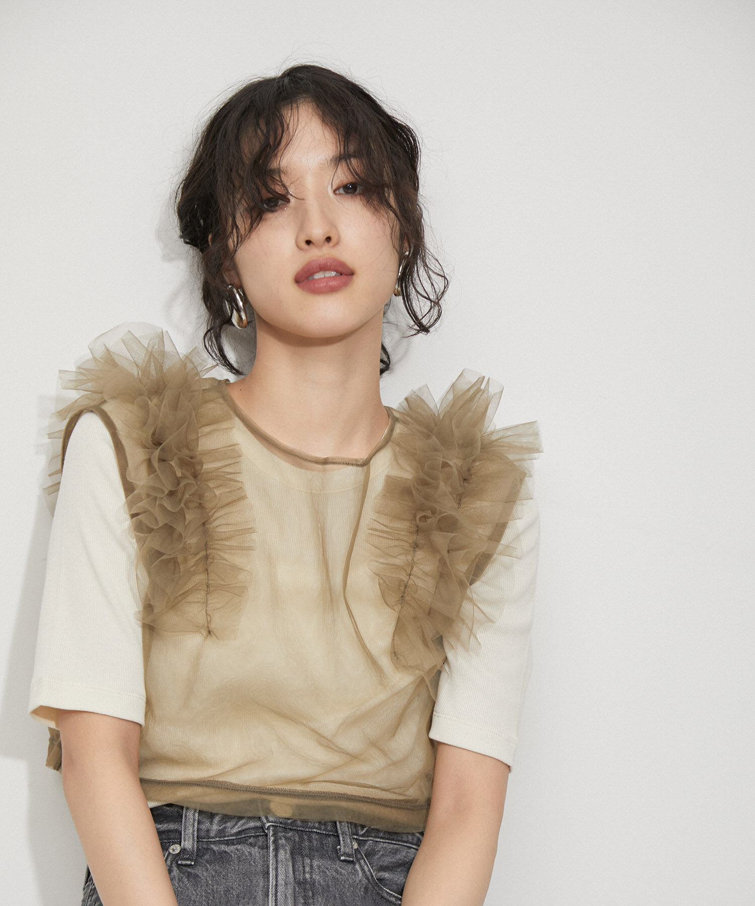 ADAM ET ROPE'「【サステナブル】チュールフリルTEE」|Tシャツ・カットソー|カーキ(36)