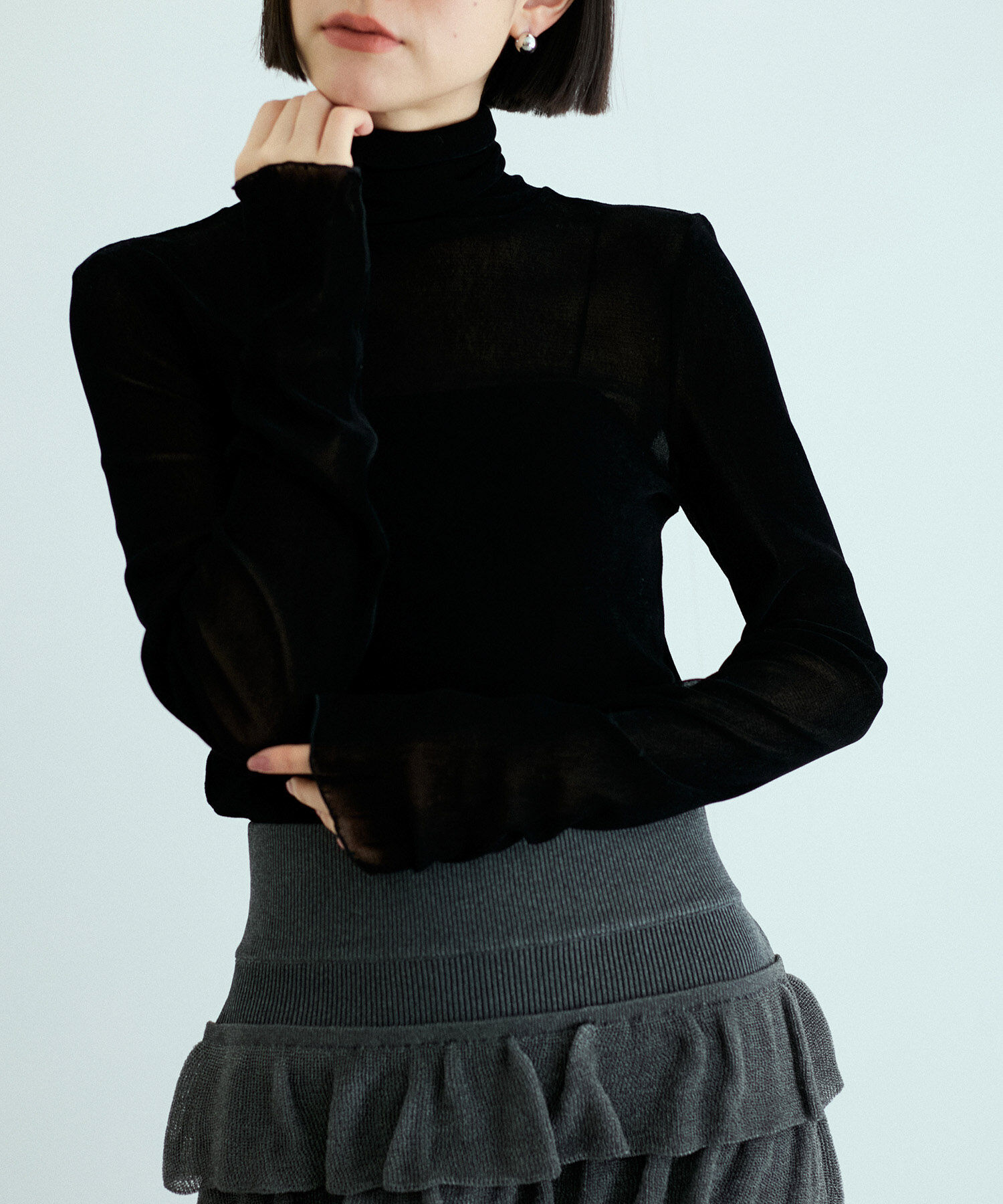 ADAM ET ROPE'「【洗える】タートルネックフロッキーチュールプルオーバー」|Tシャツ・カットソー|ブラック(01)