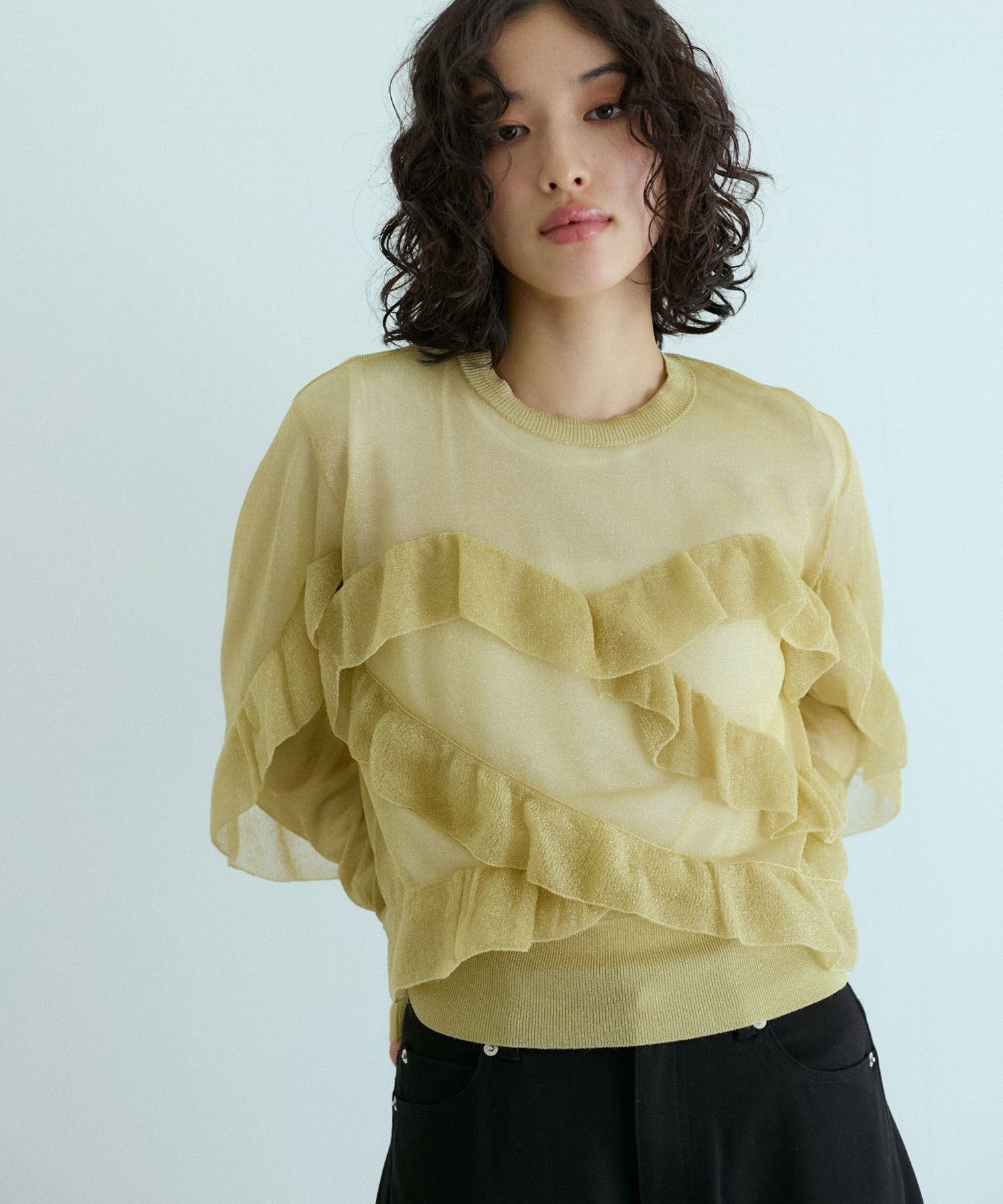 ADAM ET ROPE'「シアーラメフリルプルオーバー」|Tシャツ・カットソー|ゴールド(90)
