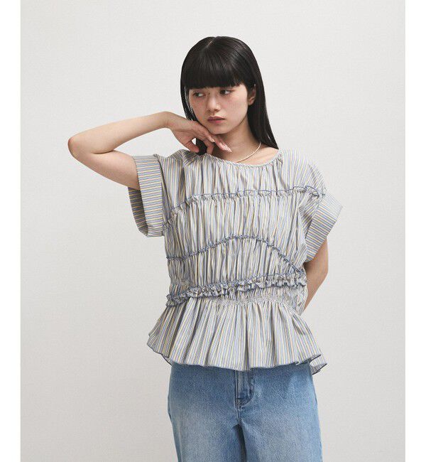 ADAM ET ROPE'「【WEB限定】ランダムギャザリングブラウス」|シャツ・ブラウス|サックス