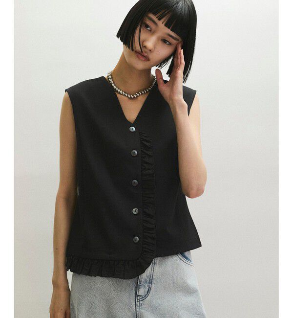 ADAM ET ROPE'「【WEB限定】ラッフルコンビスリーブレストップス」|Tシャツ・カットソー|ブラック(01)