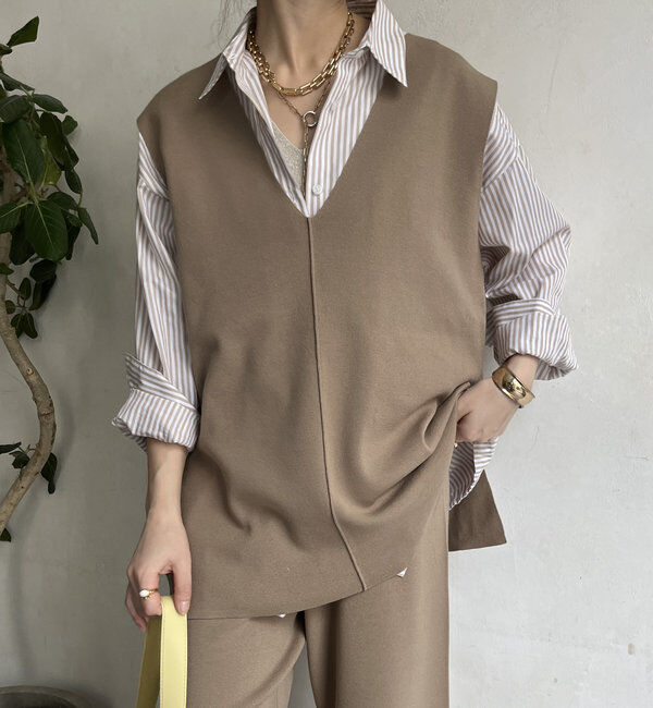 「【WEB限定】ロングニットベスト＋ニットパンツセット」|スーツ|ベージュ