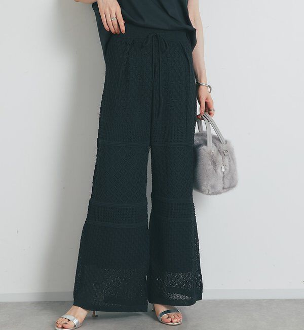  「《上品でフェミニン》透かし柄ドロストニットパンツ」|その他|ブラック