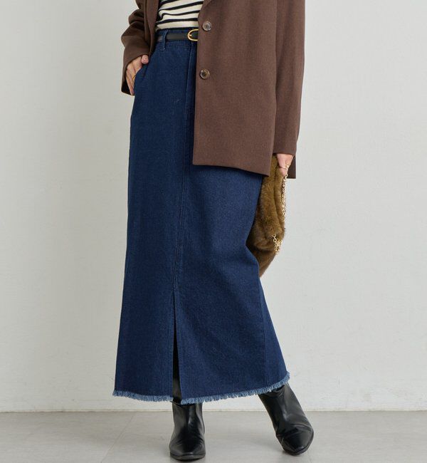  「《大人カジュアルに◎》裾フリンジデニムスカート」|スカート|ネイビー