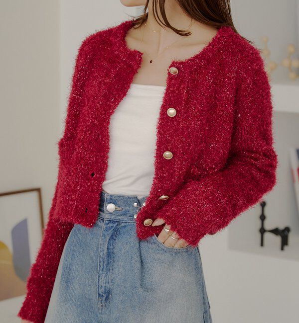  「【セットアップ対応】ラメシャギー金釦コンパクト長袖カーディガン」|カーディガン|