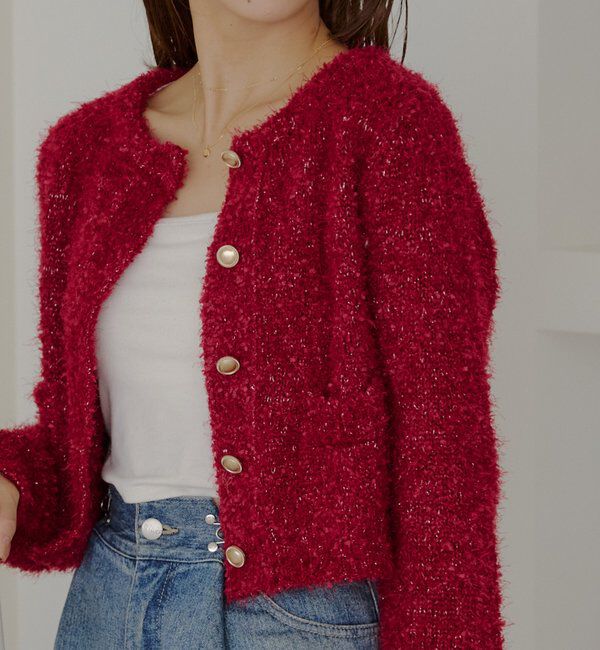  「【セットアップ対応】ラメシャギー金釦コンパクト長袖カーディガン」|カーディガン|