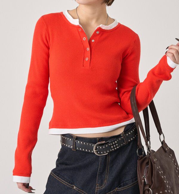  「【WEB限定カラーあり】LAYERED HENLEY KINT」|ニット・セーター|オレンジ