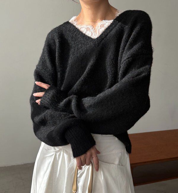  「レーストリミングニット」|ニット・セーター|ブラック