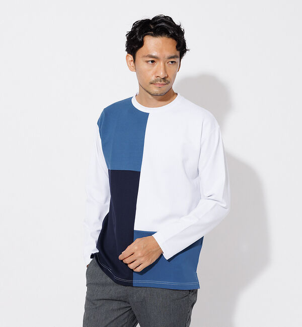 ABAHOUSE「ポンチ パネル 切替 長袖 Tシャツ」|Tシャツ・カットソー|ホワイト