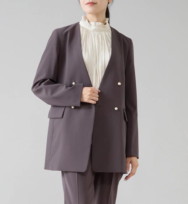 TIARA「《定番》ノーカラーダブルジャケット」|テーラードジャケット|チャコールグレー