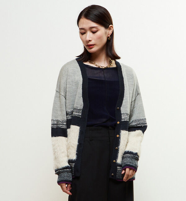 Soffitto「ミックスボーダーVネックカーディガン」|カーディガン|ライトグレー
