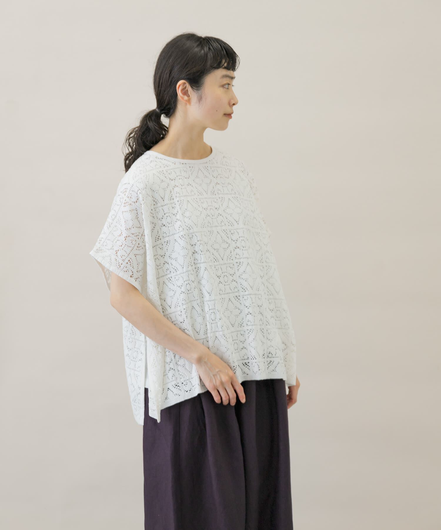 かぐれ「コットンレースポンチョプルオーバー」|Tシャツ・カットソー|オフホワイト