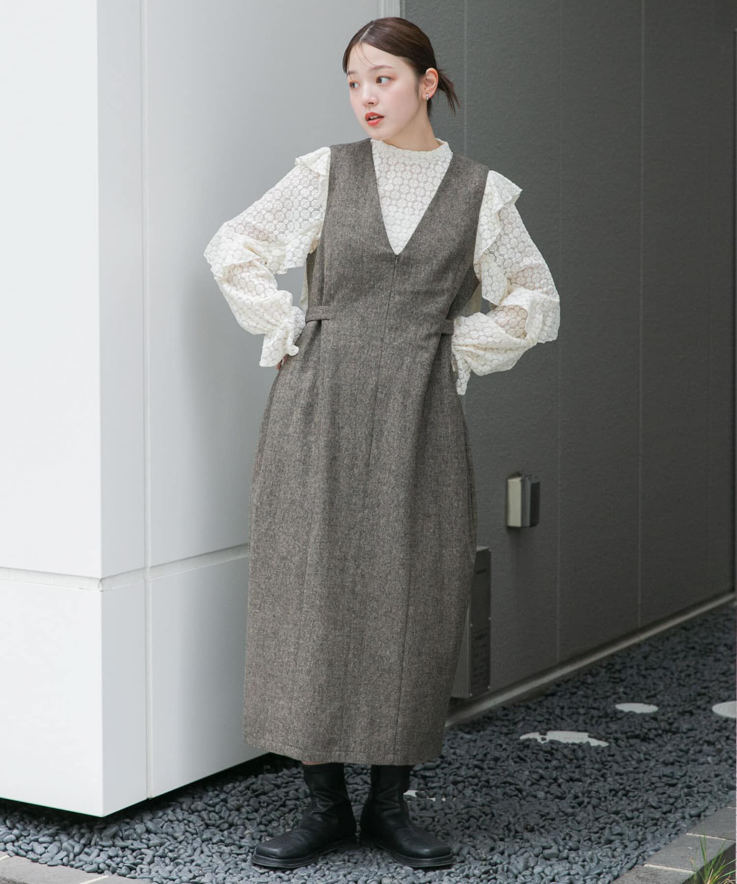  「『2サイズ展開』ツイードジャンパースカート」|ワンピース|カーキ