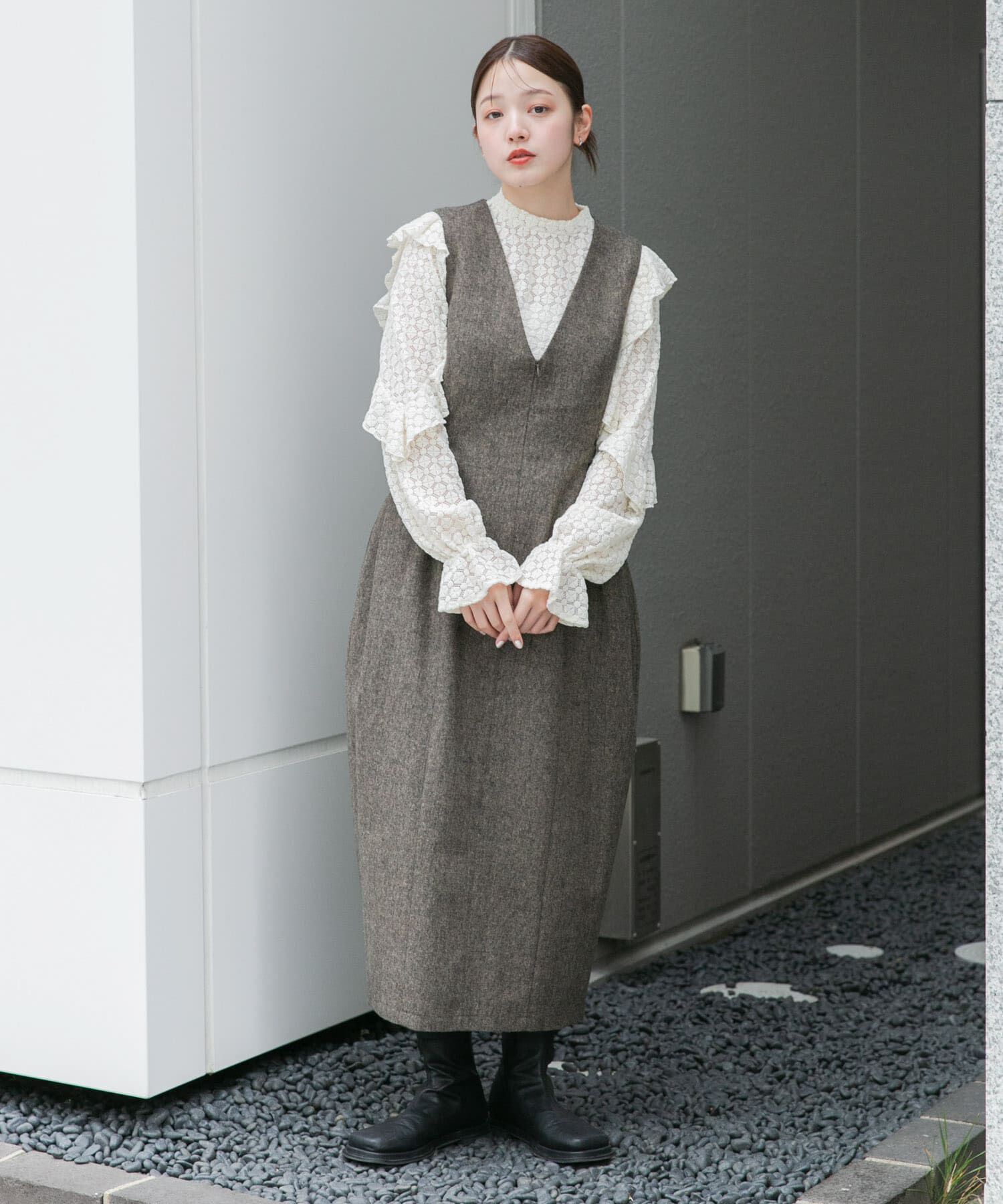  「『2サイズ展開』ツイードジャンパースカート」|ワンピース|