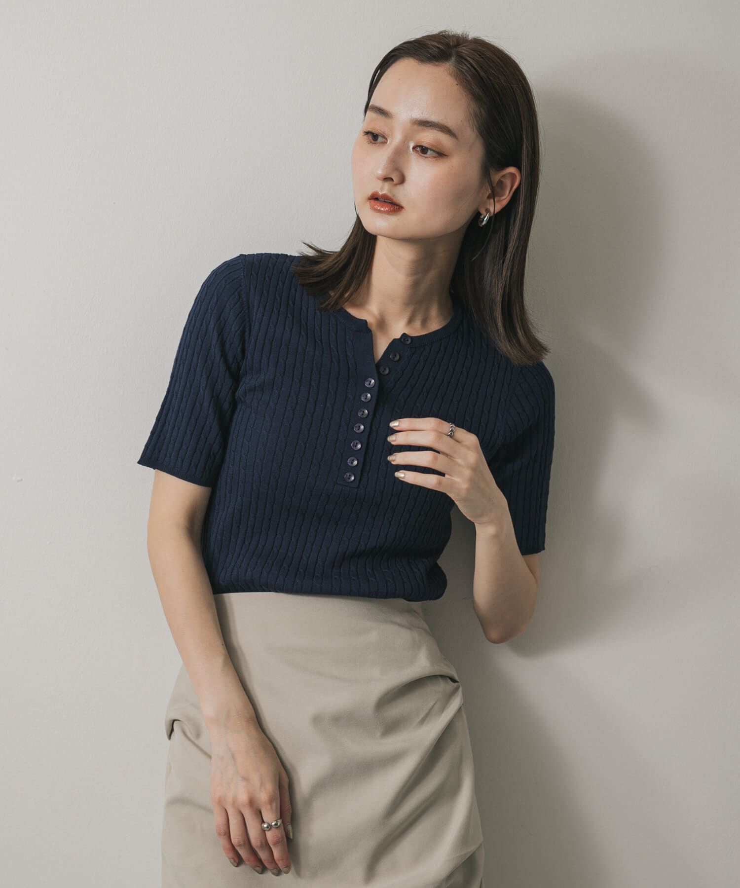 SENSE OF PLACE by URBAN RESEARCH「ヘンリーネックミニケーブルセーター(半袖)」|ニット・セーター|