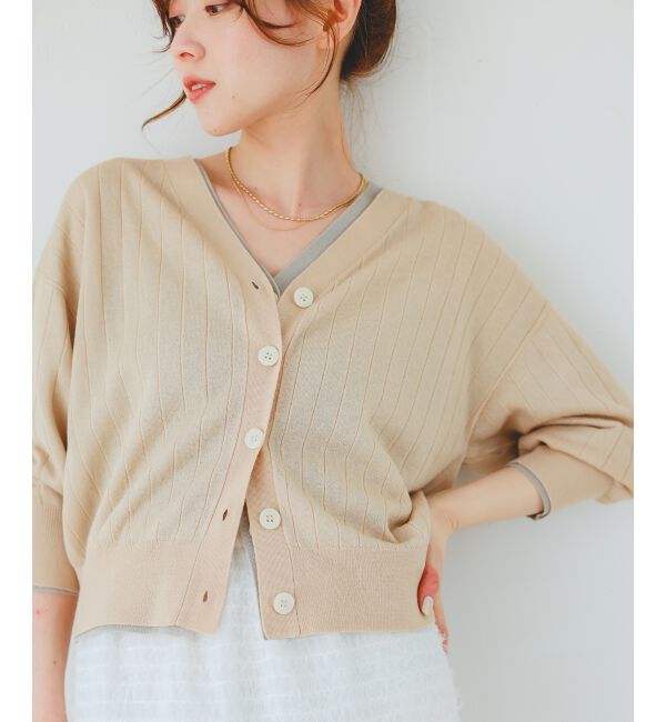  「《手洗い可能》シアーワイドリブラメVカーディガン」|カーディガン|ベージュ