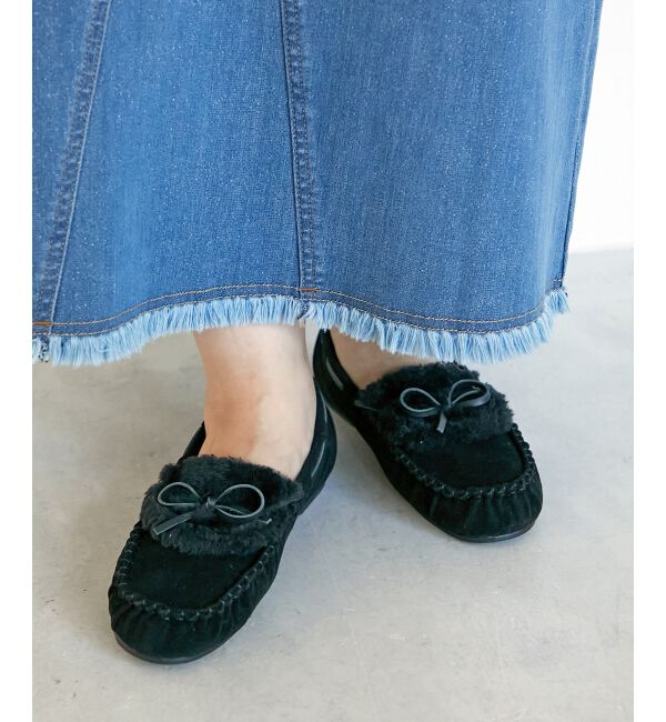  「《WEB限定アイテム》ファーデザインモカシンシューズ」|モカシン|ブラック