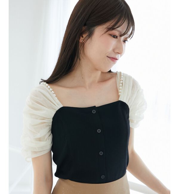  「パールチェーン異素材トップス」|Tシャツ・カットソー|