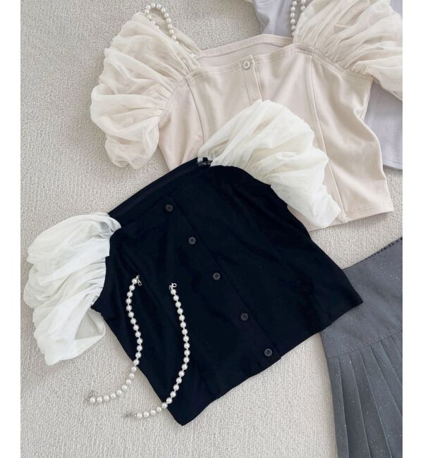  「パールチェーン異素材トップス」|Tシャツ・カットソー|