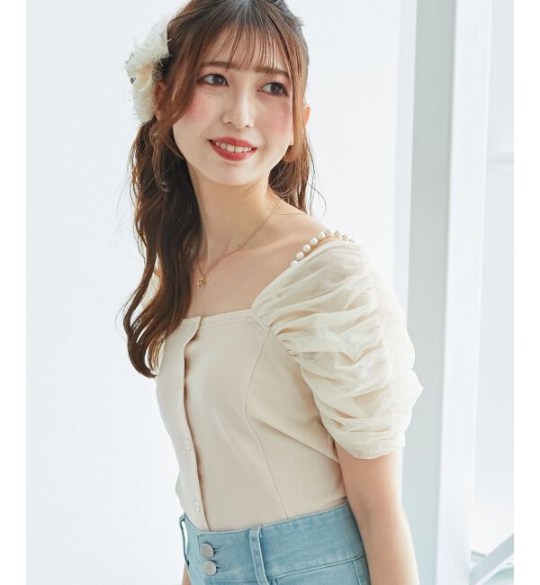  「パールチェーン異素材トップス」|Tシャツ・カットソー|