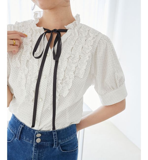  「リボンフリルブラウス」|シャツ・ブラウス|オフ／柄