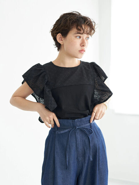 earth music&ecology「袖フリルレースプルオーバー」|Tシャツ・カットソー|ブラック