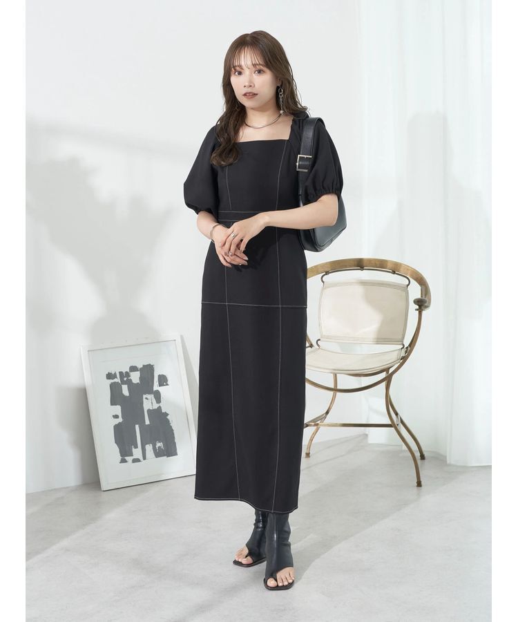 earth music&ecology「配色ステッチパフスリーブワンピース」|ワンピース|