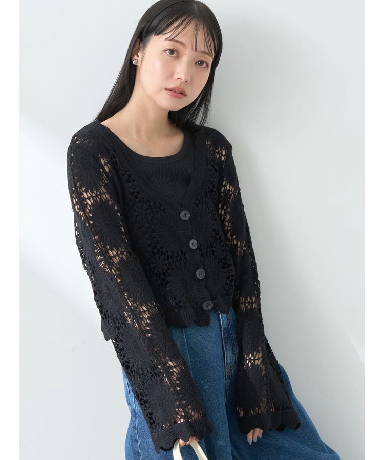 earth music&ecology「クロシェ風カーディガン」|カーディガン|Black