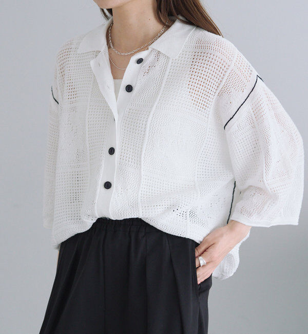  「配色透かし編み襟付きカーディガン」|カーディガン|