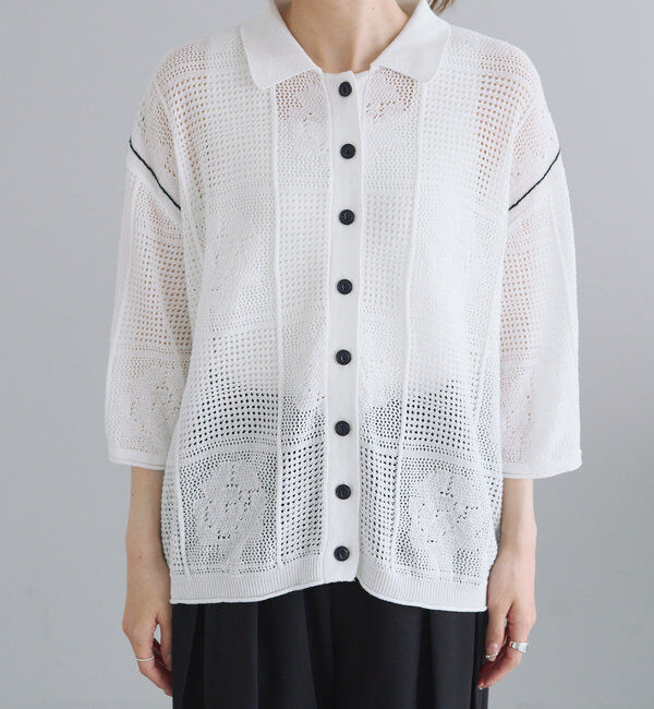  「配色透かし編み襟付きカーディガン」|カーディガン|
