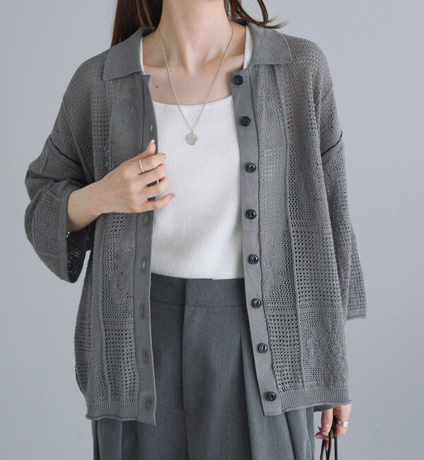  「配色透かし編み襟付きカーディガン」|カーディガン|グレー