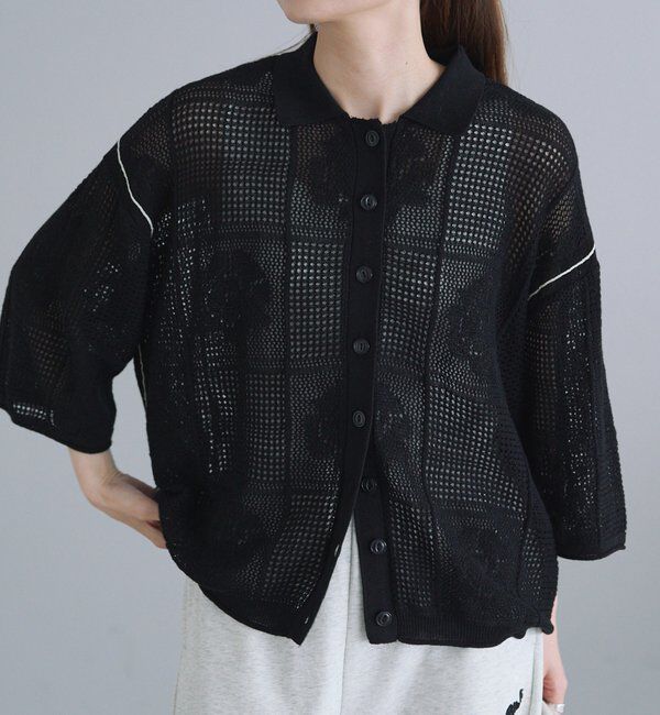  「配色透かし編み襟付きカーディガン」|カーディガン|