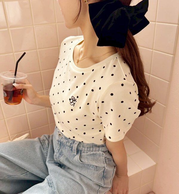  「ワンポイント刺繍ドットTシャツ」|プルオーバー|アイボリー