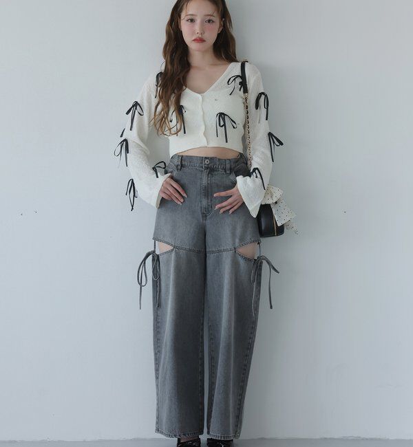  「【ウエストサイズ調整可】サイドあきリボンワイドデニム」|その他|
