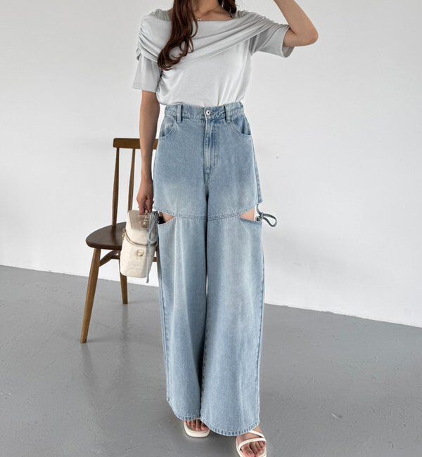  「【ウエストサイズ調整可】サイドあきリボンワイドデニム」|その他|