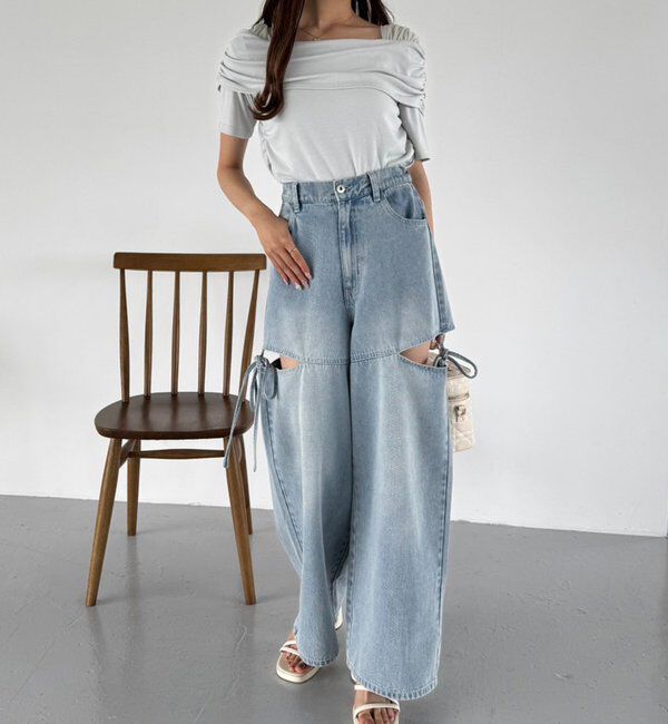  「【ウエストサイズ調整可】サイドあきリボンワイドデニム」|その他|