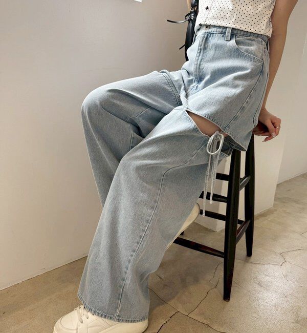  「【ウエストサイズ調整可】サイドあきリボンワイドデニム」|その他|